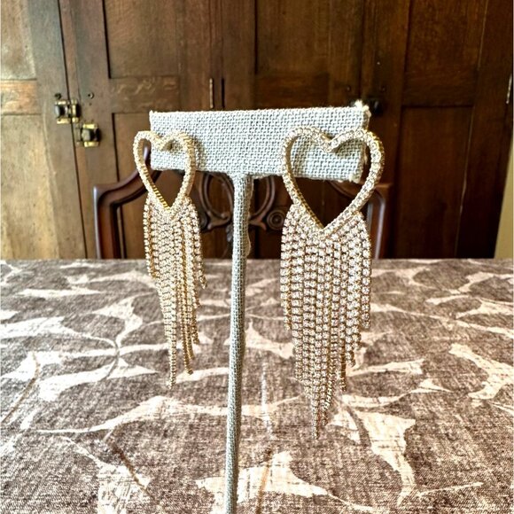 Heart-Shaped Gold-Tone Fringe Dangle Earrings With Rhinestone Accents Park Lane - Picture 3 of 9